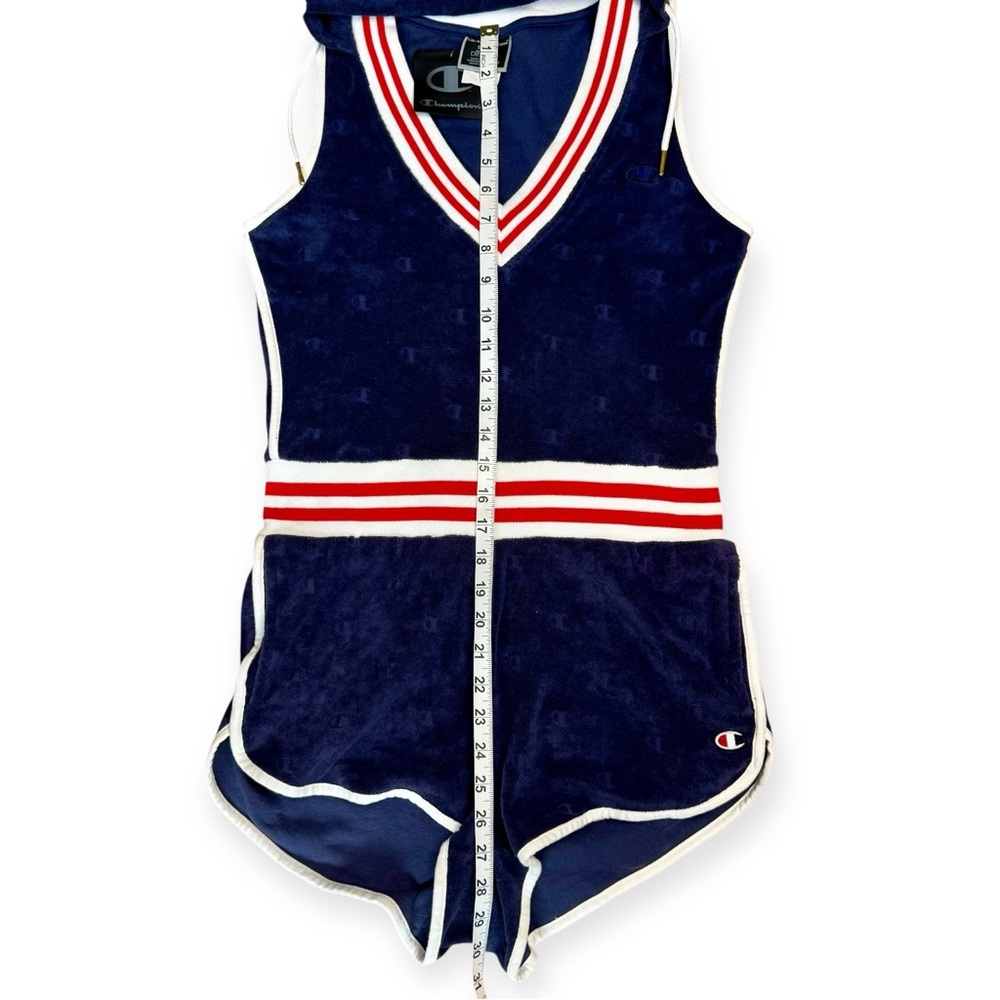 CHAMPION NWT Imperial Indigo Terry Cloth Varsity Hooded Sleeveless Romper, Small - Picture 13 of 13